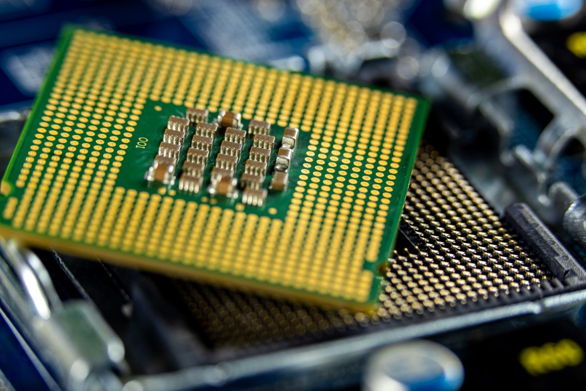 Macro close-up of a computer processor circuit board